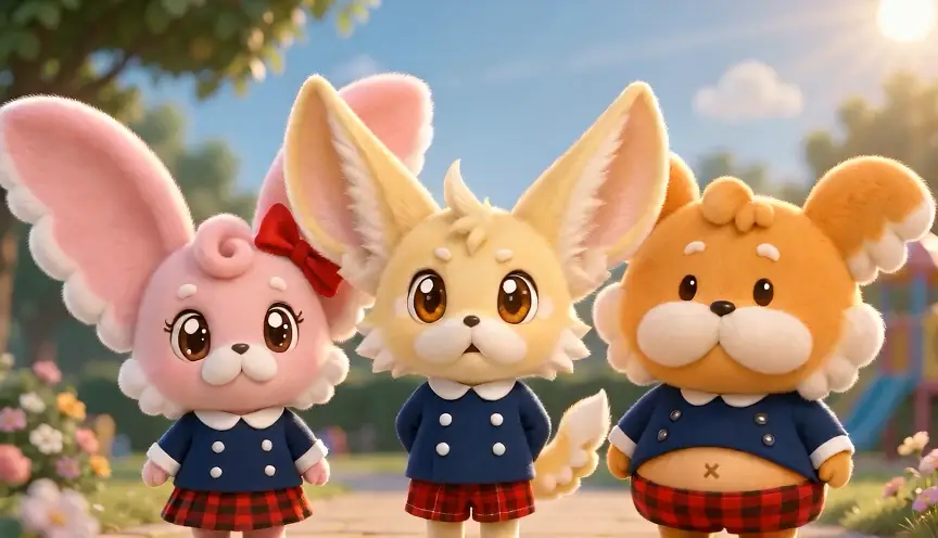 お手本動画のワンシーン：キャラクターたちが Hello とあいさつ